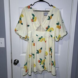 Runaway Dress Women's Large Yellow Lemon Cutout Puff Sleeve Fit Flare Mini